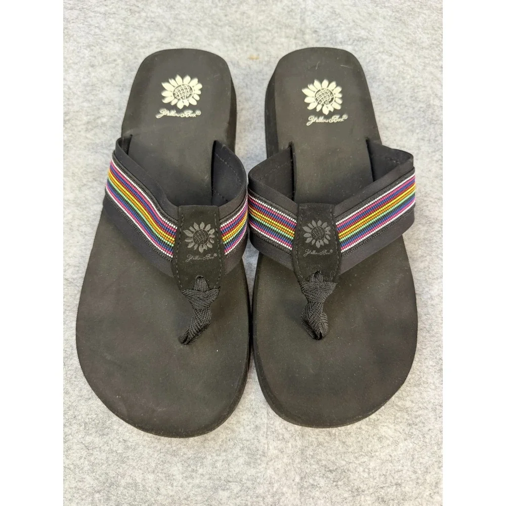 Yellow Box Black Rainbow Striped Fabric Flip Flops Woman's Size 9M - Picture 2 of 4